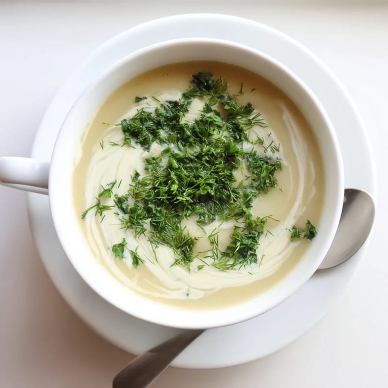 Velvety parsnip and herb soup served steaming from the pot, with a swirl of cream and a side of crusty bread.