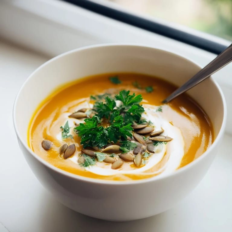 Garnished with parsley, this Butternut Squash and Apple Soup is a vibrant, warming autumn meal.