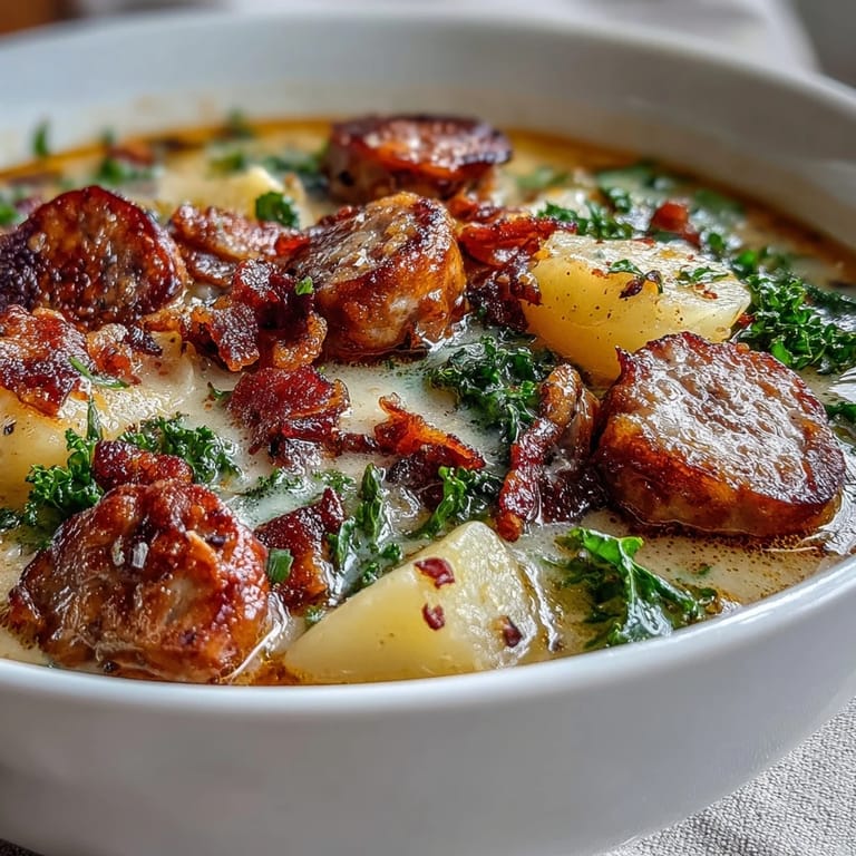 Italian Sausage Soup with crispy bacon, tender potatoes, and fresh kale garnish.