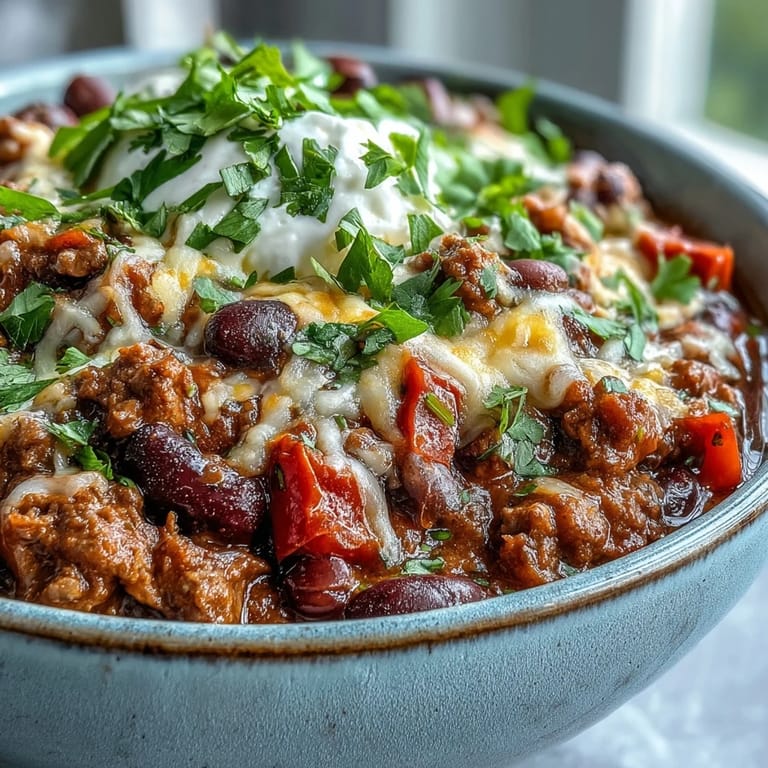 Close-up of a bowl of Slow Cooker Chili topped with shredded cheddar, sour cream, and green onions, served with a side of cornbread.