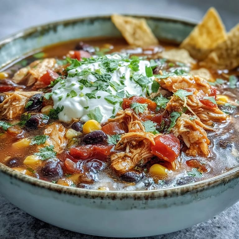 Tender shredded chicken and black beans in a rich, red Instant Pot Chicken Tortilla Soup garnished with lime wedges.