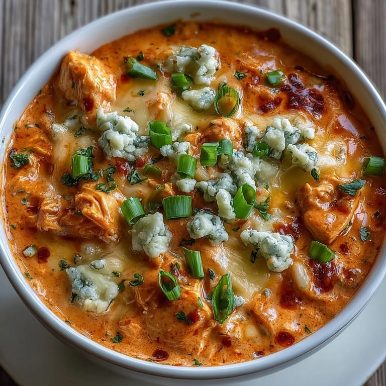 A bowl of Crock Pot Buffalo Chicken Dip Soup garnished with blue cheese crumbles and parsley, served with celery sticks.