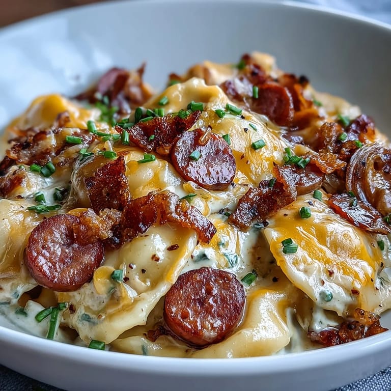 A close-up of slow cooker Crockpot Pierogi Casserole With Kielbasa, highlighting creamy sauce and golden, cheesy layers.