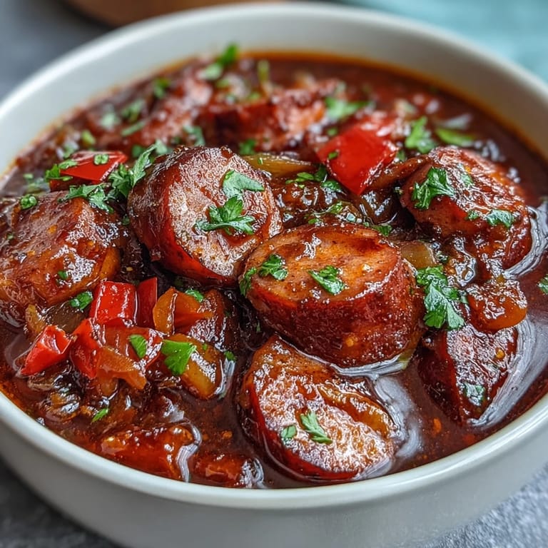Easy Crock Pot BBQ Cocktail Sausage Soup featuring colorful red bell peppers and onions in a sweet and savory broth.
