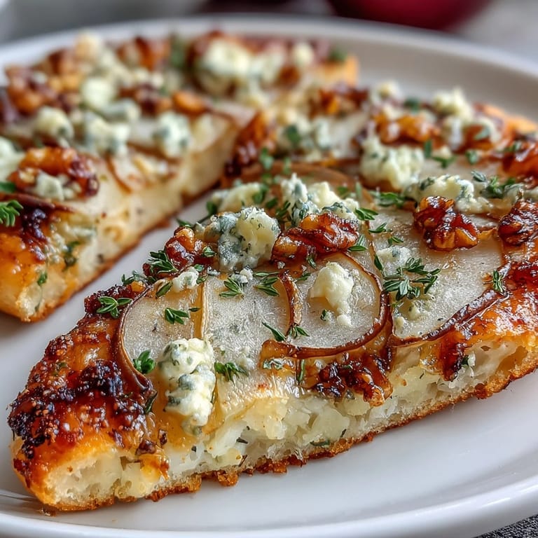 Freshly baked Pear, Gorgonzola, and Pickled Walnut Pizzettes on a wooden board with arugula garnish.