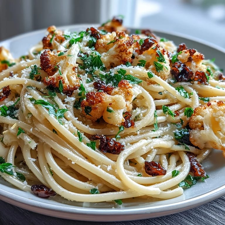 Serving of Cauliflower, Anchovy and Raisin Spaghetti in a white bowl, garnished with parsley and lemon for a fresh finish.