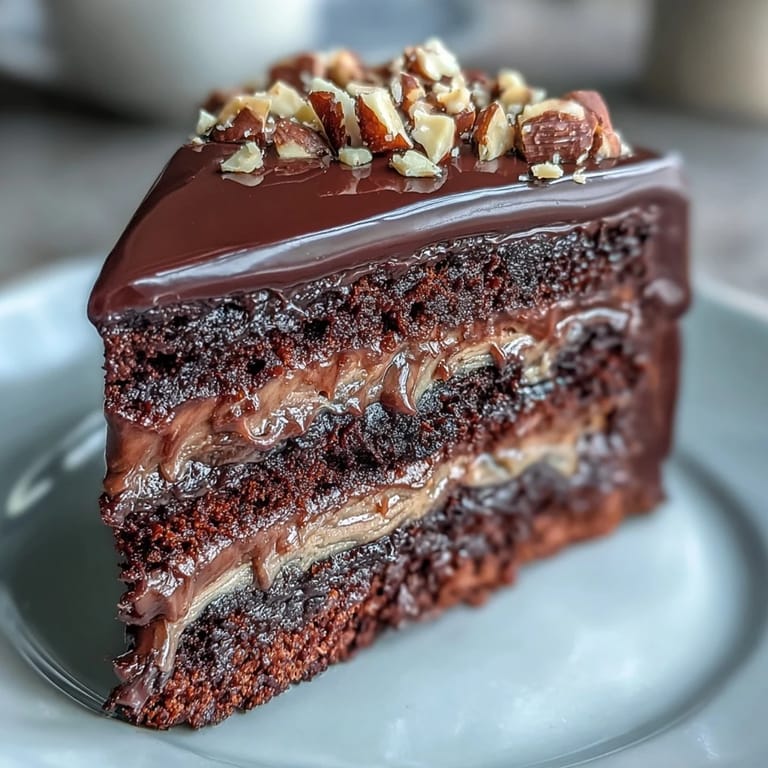 A whole Chocolate Celebration Cake on a platter, layered with rich ganache and topped with sparkling hazelnut praline shards.
