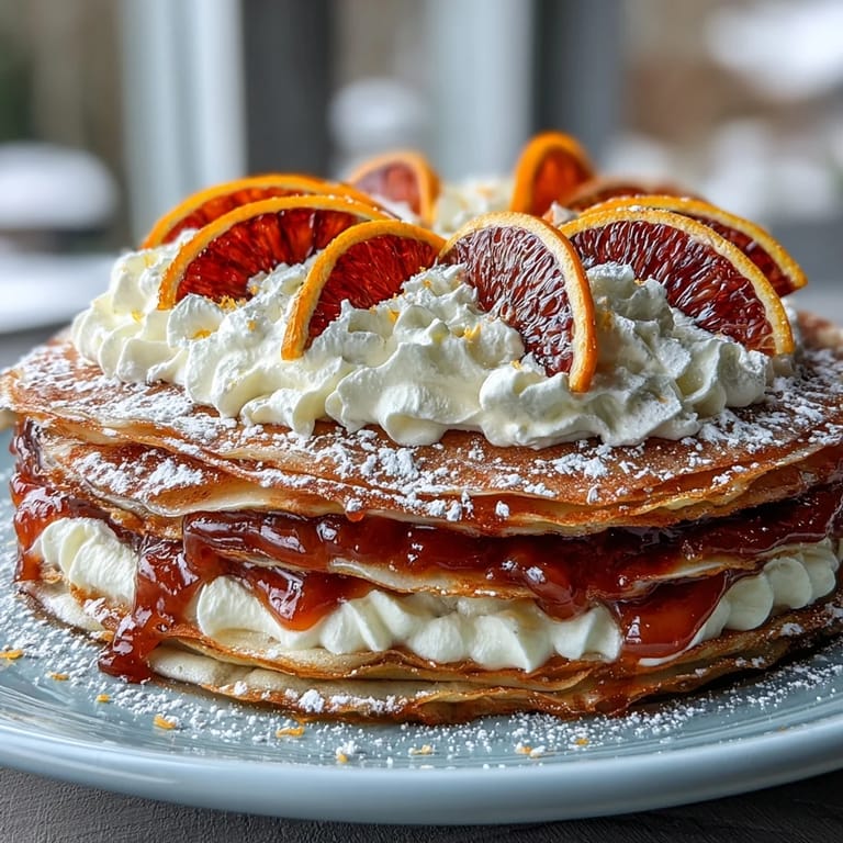 Fresh blood orange slices and zest garnish the top of a layered Blood Orange Curd Crêpe Cake dessert.