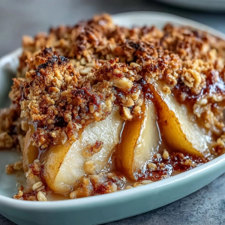 A close-up of warm Pear Crumble with a golden crust, a serving spoon digging into the juicy pear filling beneath.