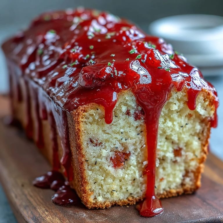 A glazed Blood Orange Loaf Cake with marzipan and poppy seeds, showing a moist crumb on a marble board.