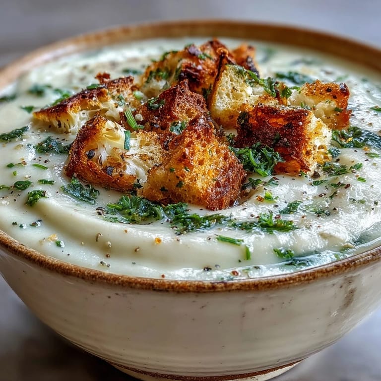 Bowls of creamy cauliflower and broccoli soup garnished with crisp croutons, served alongside crusty bread on a linen napkin.