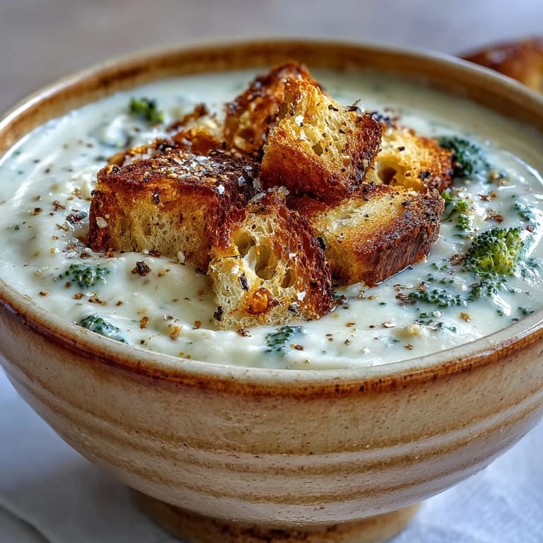 Steaming cauliflower and broccoli soup blended until smooth, featuring tender vegetable florets and a drizzle of olive oil.
