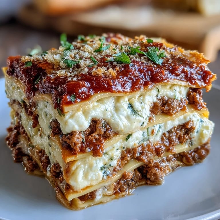 Fresh basil garnish accents a hearty slice of Worlds Best Lasagna on a rustic plate, revealing rich, cheesy layers.