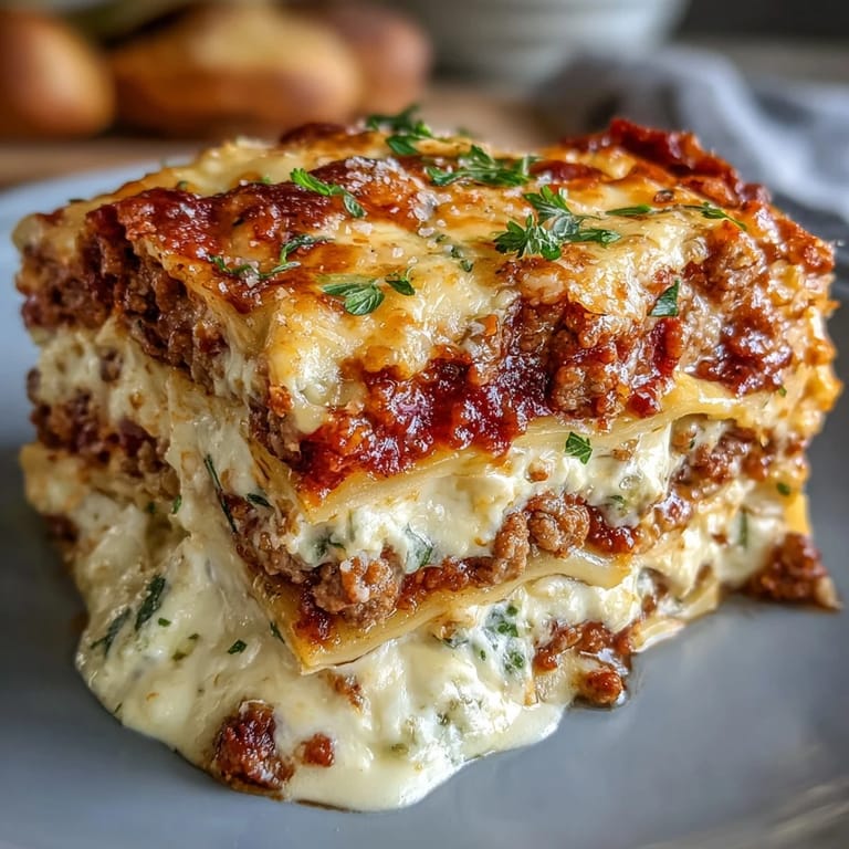 A spatula lifts a steaming portion of Worlds Best Lasagna, showcasing meaty marinara and creamy ricotta filling between tender noodles.