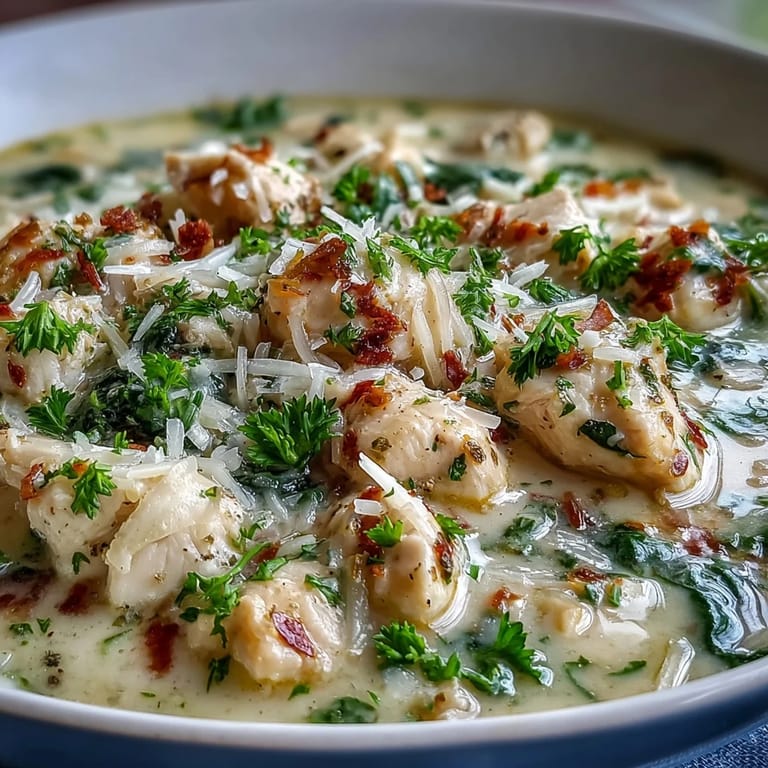 Garlic Parmesan Chicken Soup ladled from a Dutch oven, showing its velvety texture and golden, cheesy garnish.