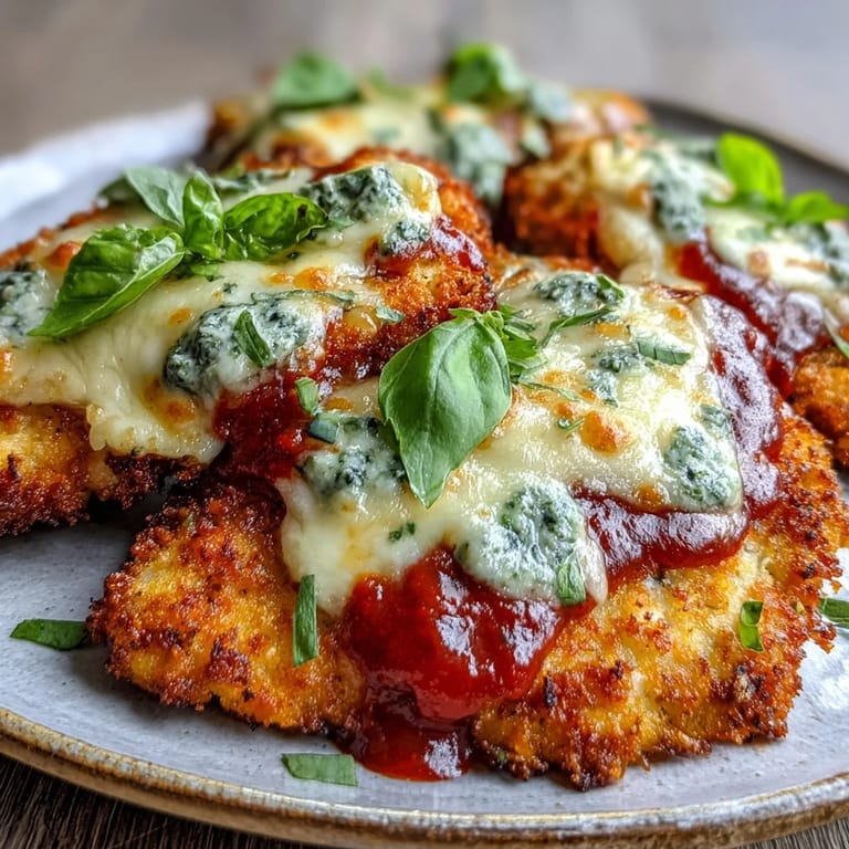 Sizzling Pesto Chicken Parmesan fresh from the oven, featuring golden breadcrumbs, melty cheese, and a side of pasta for a complete Italian-American dinner.