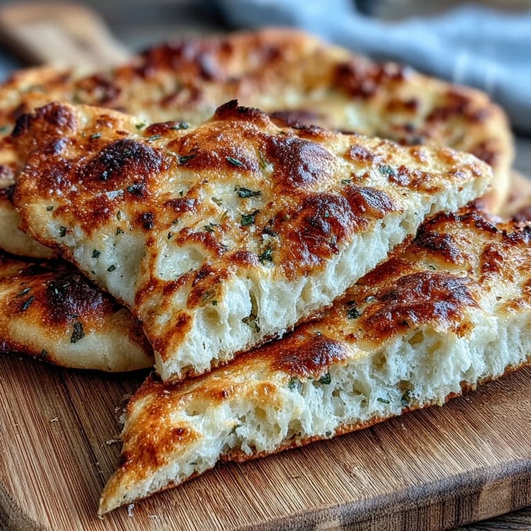Golden-brown The Best Easy Garlic Naan Bread resting on a wooden board, ready to be torn and enjoyed.