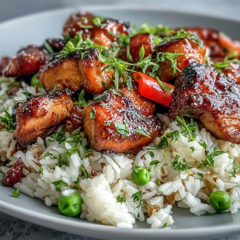 Close-up of One-Pan Bold Honey BBQ Chicken Rice showing tender chicken thighs, peas, and carrots steaming under the lid.