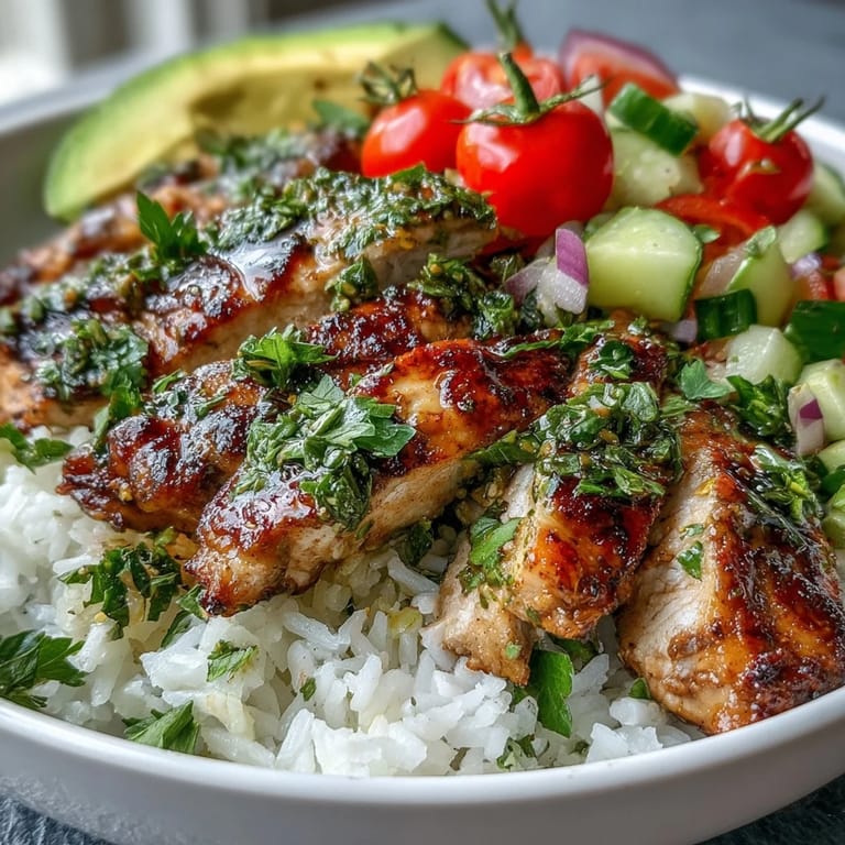 Sliced chimichurri chicken over rice with avocado, cherry tomatoes, and red onion, served with lime wedges on the side.