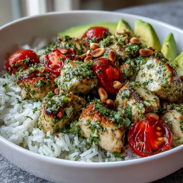 Overhead view of a wholesome Pesto Chicken Bowl with green pesto chicken, white rice, and a medley of fresh toppings.