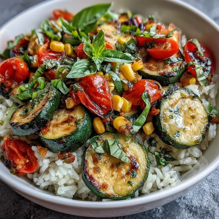 Hearty Summer Vegetable Bowl served over steamy rice, featuring tender, crisp-tender sautéed garden vegetables and aromatic torn basil leaves for a light, vegetarian main dish.
