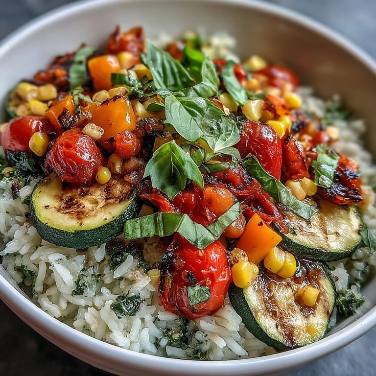 A close-up of a vibrant Summer Vegetable Bowl: glazed corn, soft tomatoes, and crisp bell peppers on a bed of rice, finished with a bright squeeze of lemon.