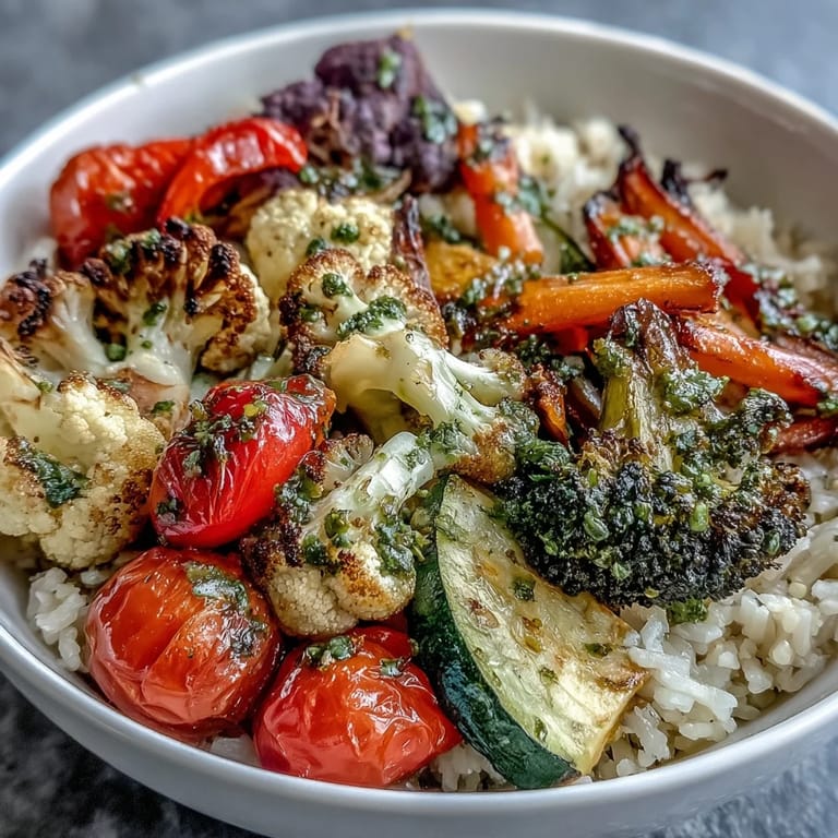 A generous drizzle of bright green herb sauce coats the roasted veggies in this healthy meal.