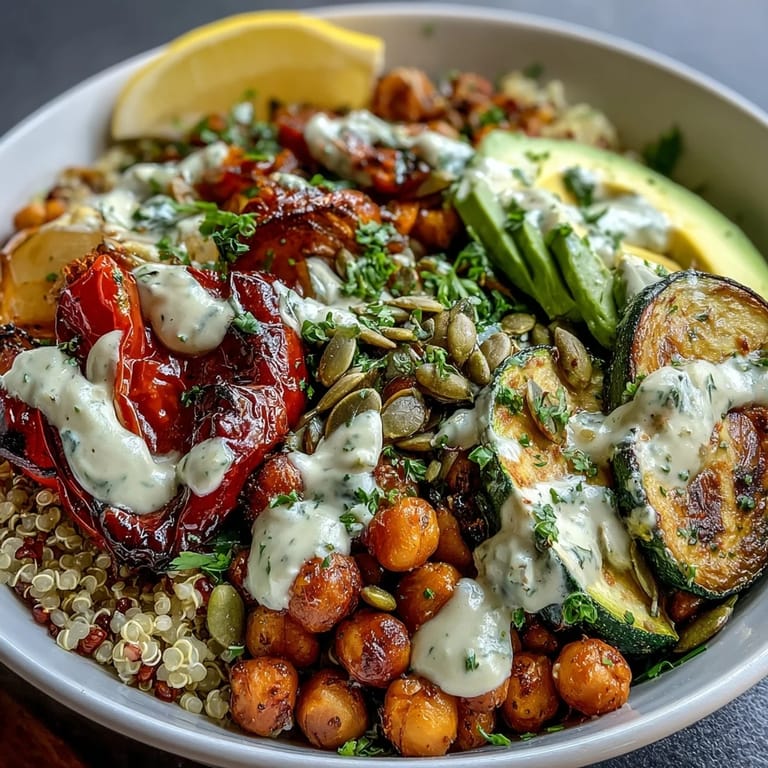 This wholesome Vegetable and Legume Bowl is drizzled with tahini dressing and topped with pumpkin seeds. 