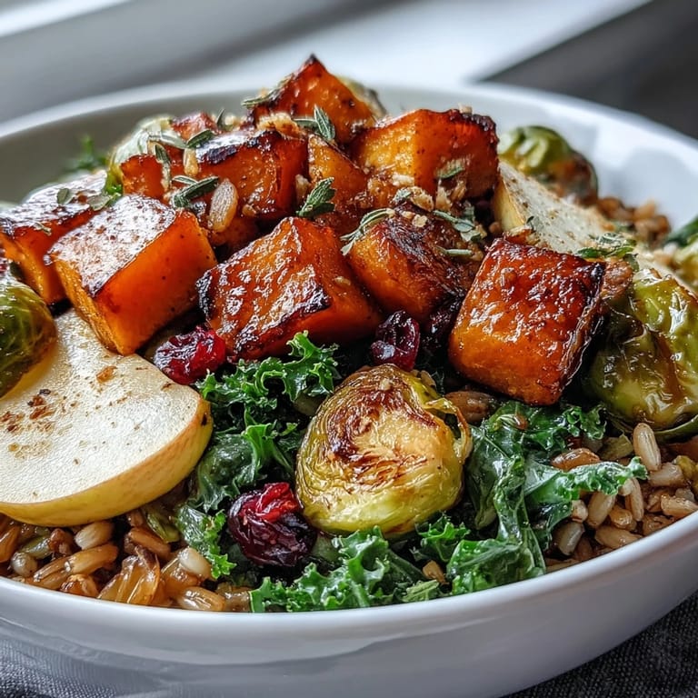 Vibrant Fall Vegetable Bowl garnished with pumpkin seeds and cranberries, perfect for a cozy autumn meal.