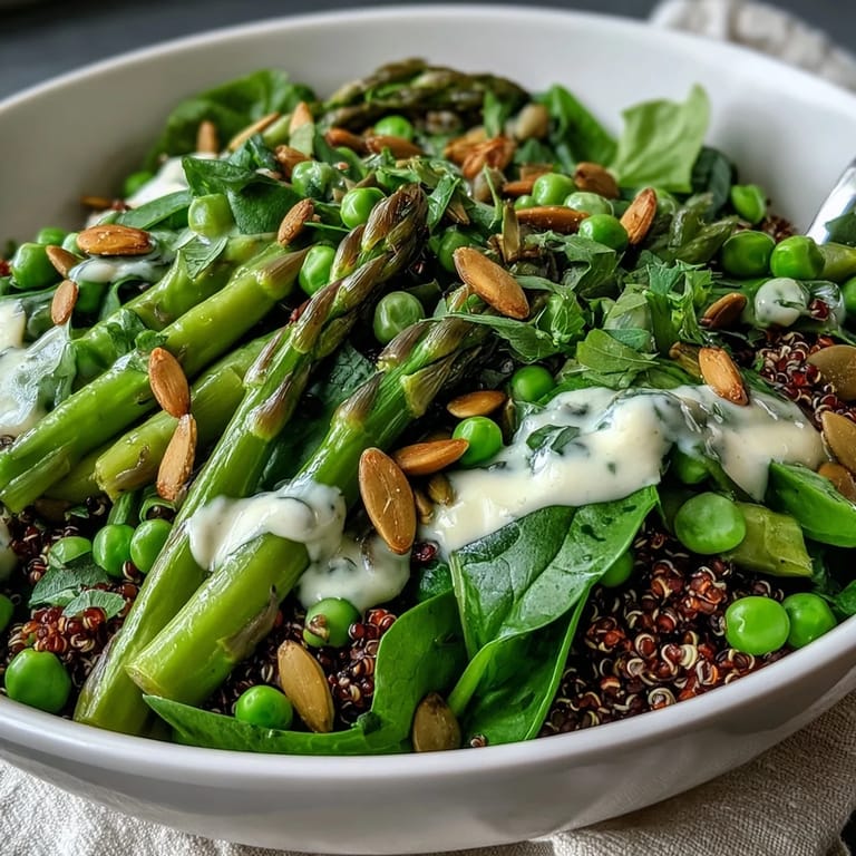 Close-up of a Spring Green Bowl showing crisp green beans, herbs, and vibrant vegetables over grains.