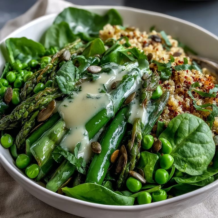 A finished Spring Green Bowl topped with toasted seeds and a light lemon dressing, ready to serve.