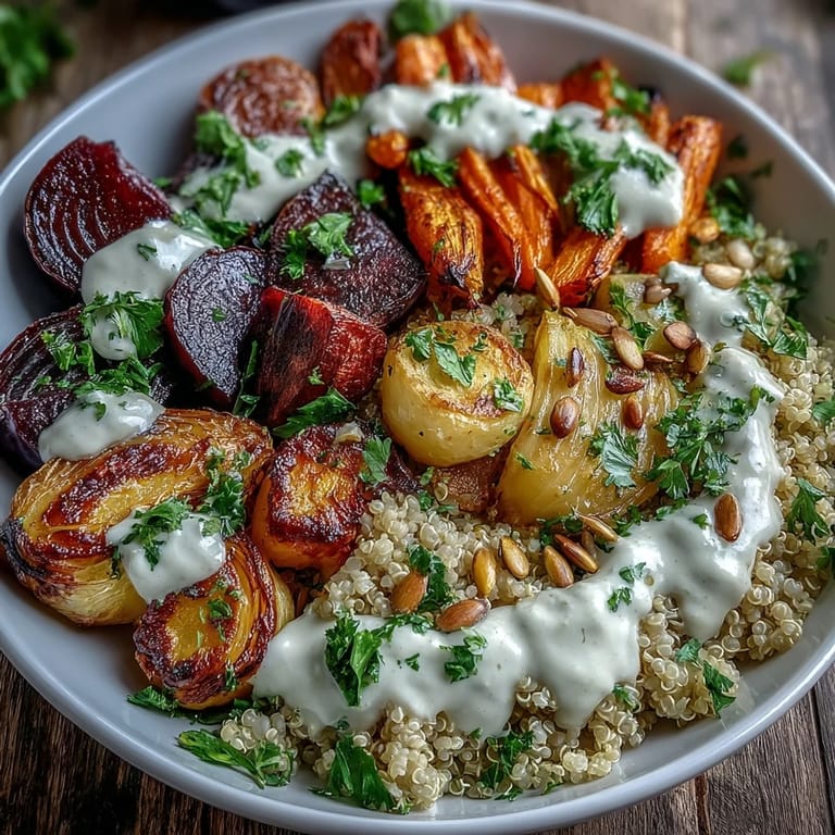 A close-up shot of a wholesome roasted root vegetable bowl, featuring caramelized turnips and fresh parsley garnish with toasted pumpkin seeds.