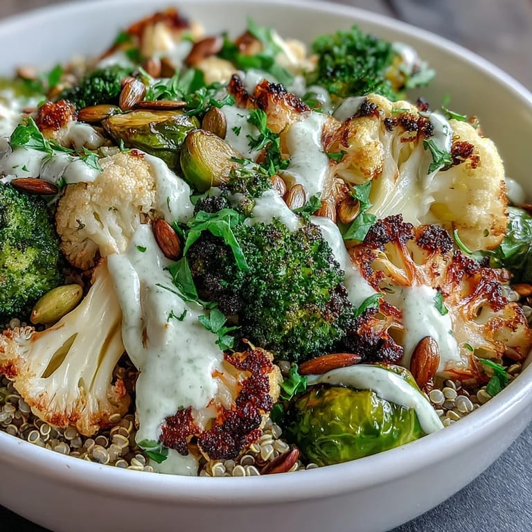 A nourishing Roasted Brassica Bowl is topped with fresh parsley and pumpkin seeds, ready to be served for dinner.