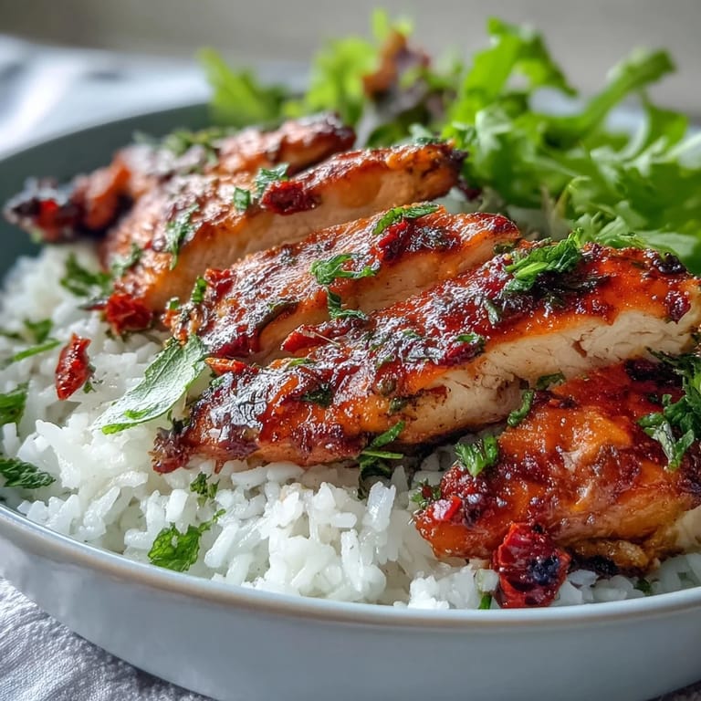 Sun-Dried Tomato Chicken Bowl with vibrant greens, fluffy rice, and golden chicken slices ready to enjoy.