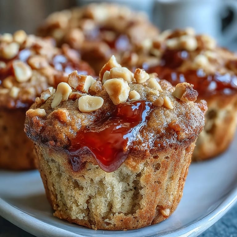 Moist Peanut Butter and Guava Muffins, cut in half to reveal a warm, melted guava center, served on a wooden board with a glass of milk.
