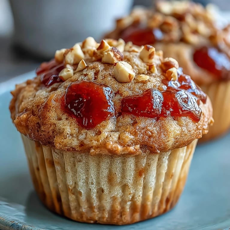 Homemade Peanut Butter and Guava Muffins cooling on a wire rack, with chunks of roasted peanuts on top and guava preserves dripping down the sides.
