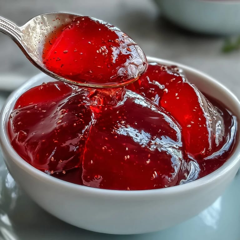 A spoon lifting jewel-toned guava jelly from a jar, ready for cookies.