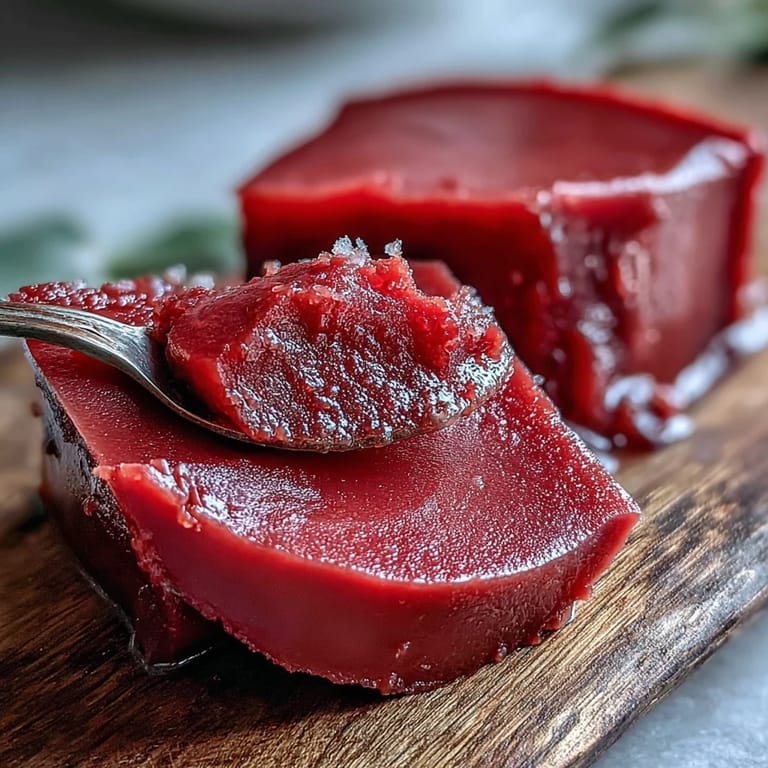 Rich, aromatic Guava Paste cooling on a wooden board, ready to be cubed for pastries or desserts.