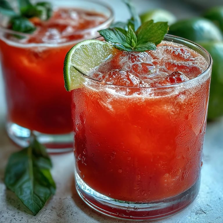 Close-up of a tall glass of Guava Nectar Drink over ice with a lime wheel, highlighting the bright, sweet color.