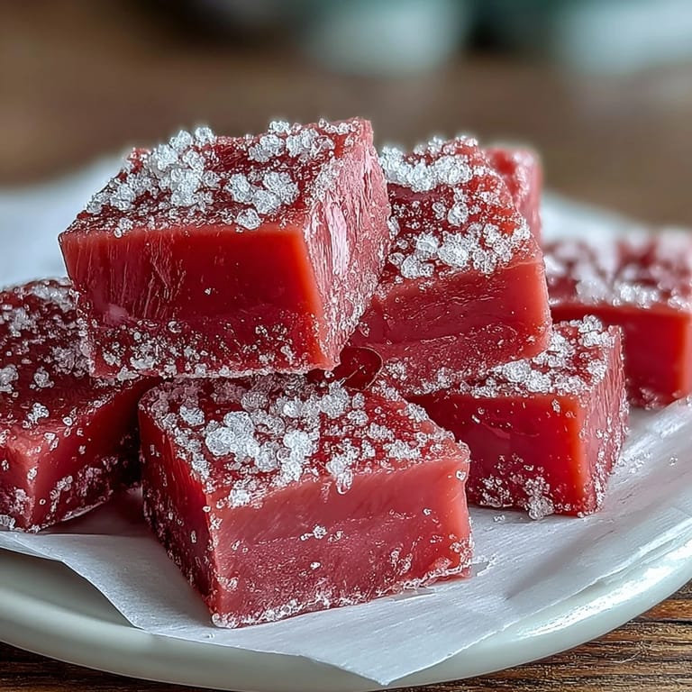 Close-up of sticky Guava Cheese confection with a glossy finish and vibrant pink hue, made from ripe guava and fresh lime.