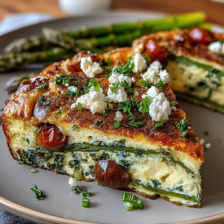 One-pan Healthy Easy Spring Veggie Frittata featuring tender asparagus, zucchini, and cherry tomatoes, baked to perfection and served warm.