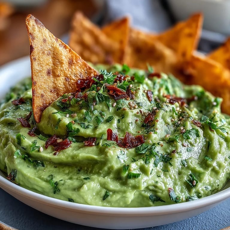 Vibrant edamame guacamole paired with crunchy, seasoned pita chips—a healthy, protein-rich snack bursting with fresh herbs and lime.