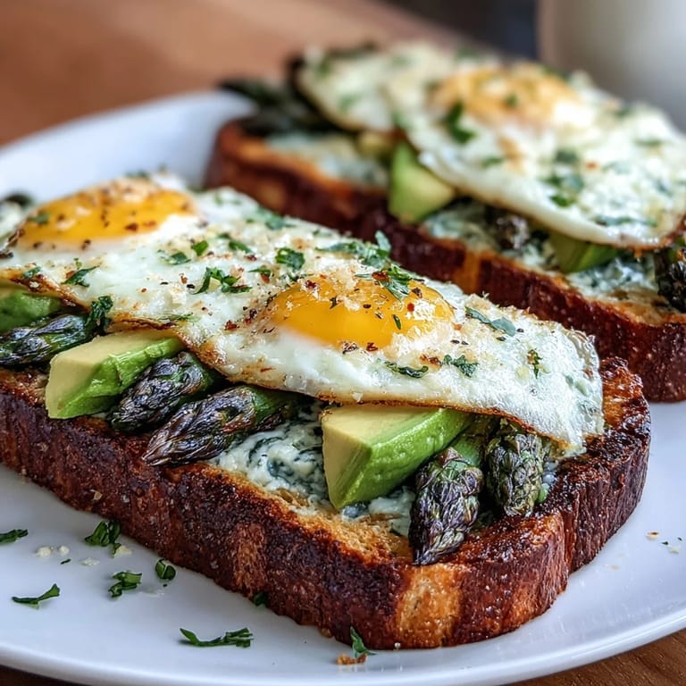 Golden toasted sourdough topped with silky scrambled eggs, blanched asparagus, and bright lemon zest for a spring brunch.
