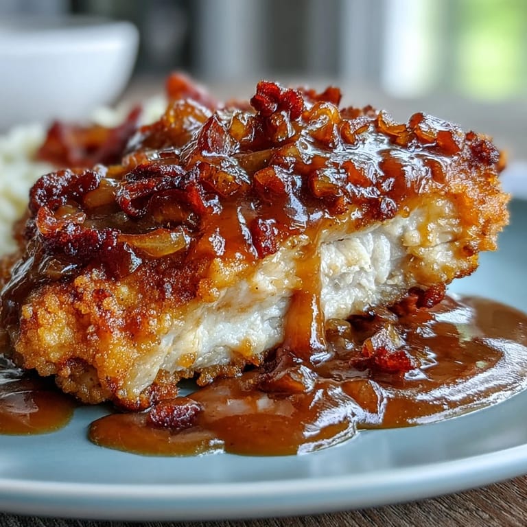 Golden fried chicken simmered in rich, creamy onion gravy, perfect for a hearty Southern dinner.