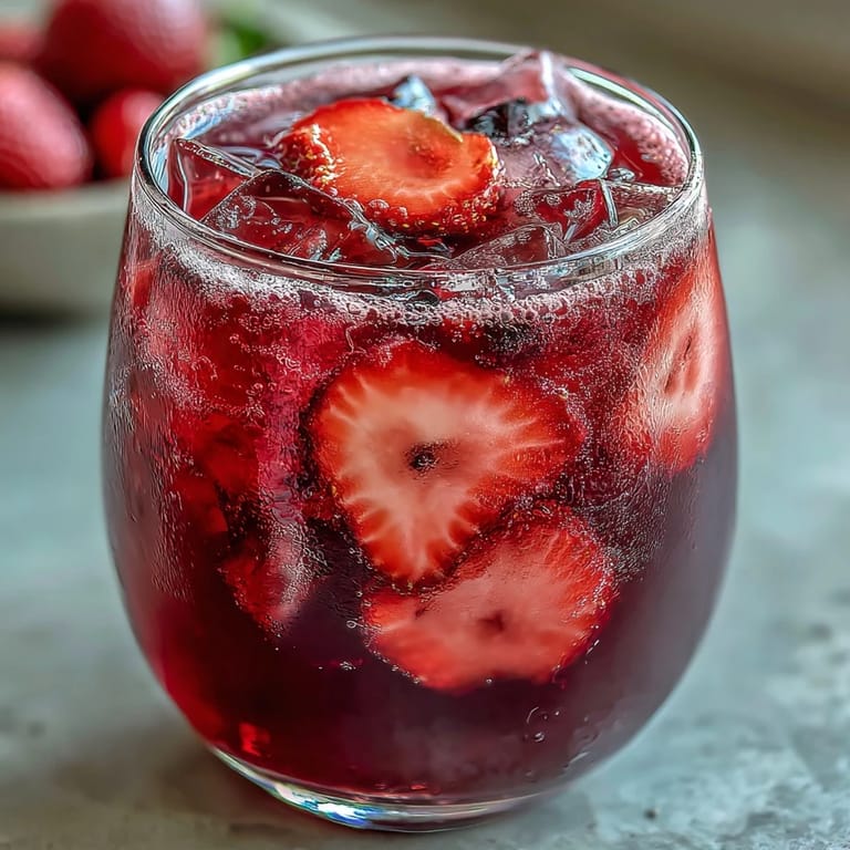 Creamy pink beverage featuring vibrant strawberry açaí blend and coconut milk, garnished with juicy fresh berries.