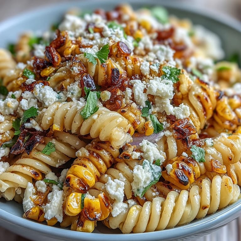 Colorful Mexican-inspired Elote Pasta Salad with Cotija, chili, and lime, featuring charred corn and fresh cherry tomatoes.