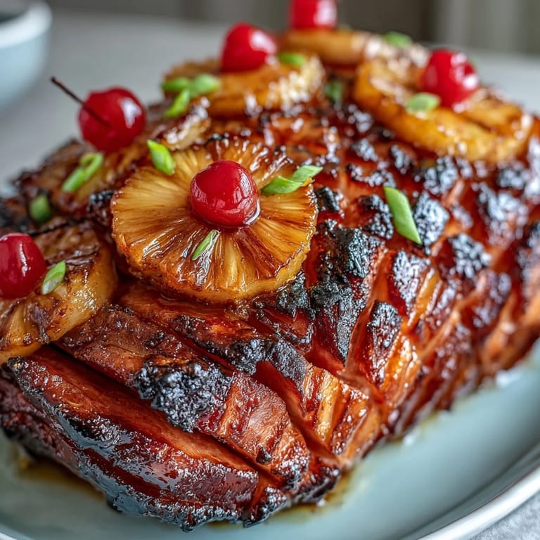 Festive Easter ham with honey glaze, juicy pineapple rings, and cherries, making a stunning centerpiece for holiday celebrations.