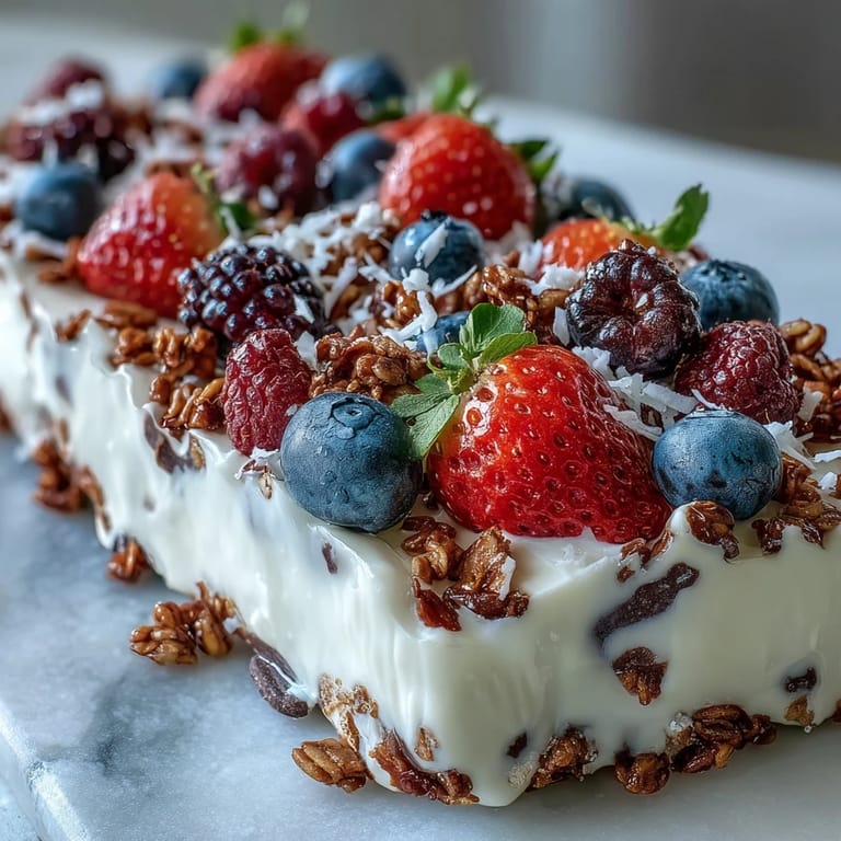 A vibrant frozen yogurt bark topped with mixed berries, crunchy granola, and optional chocolate chips for extra flavor.