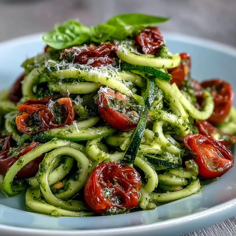 Colorful zucchini noodles with bright cherry tomatoes and fragrant basil pesto, perfect for a quick, nutritious meal.  