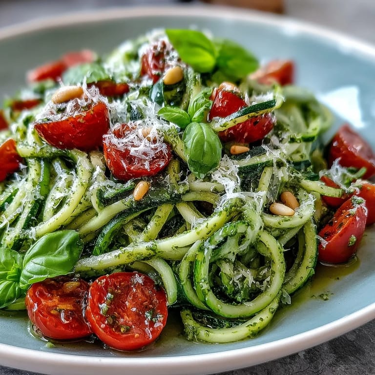 Spiralized zucchini with homemade pesto and sweet cherry tomatoes, a fresh and easy vegetarian dinner option.